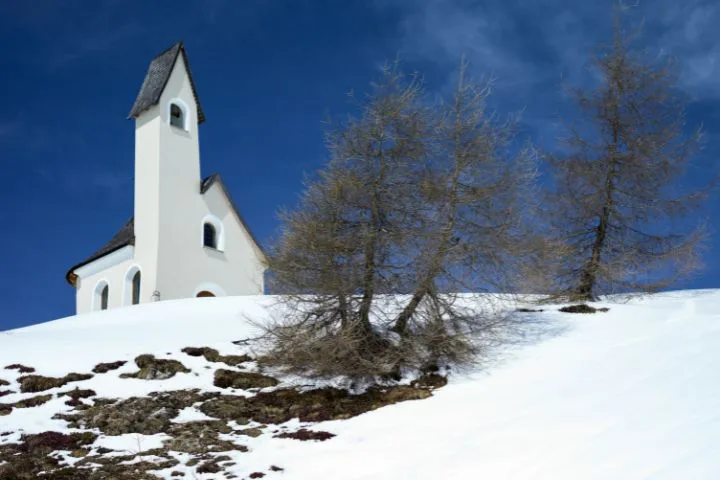 How to Drive Italian Mountain Passes in Winter, Gardena Pass, Saint Maurizio Litlle Church