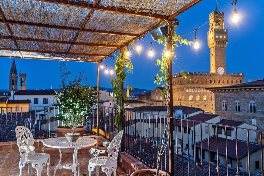 Where to Stay in Florence, Hotel Calimala rooftop terrace with panoramic view of Palazzo Vecchio