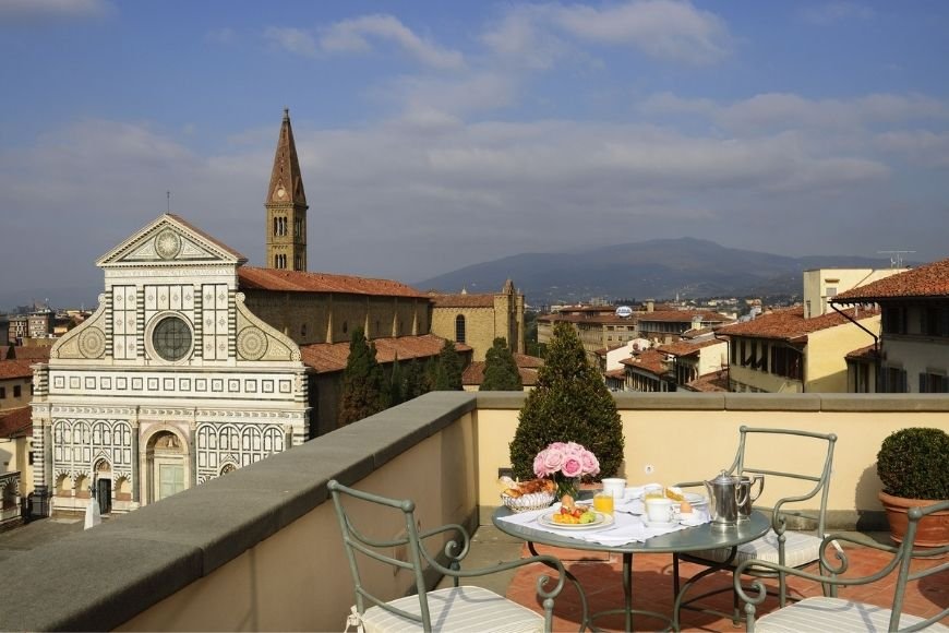 Where to Stay in Florence, Hotel Santa Maria Novella rooftop terrace overlooking the church and piazza