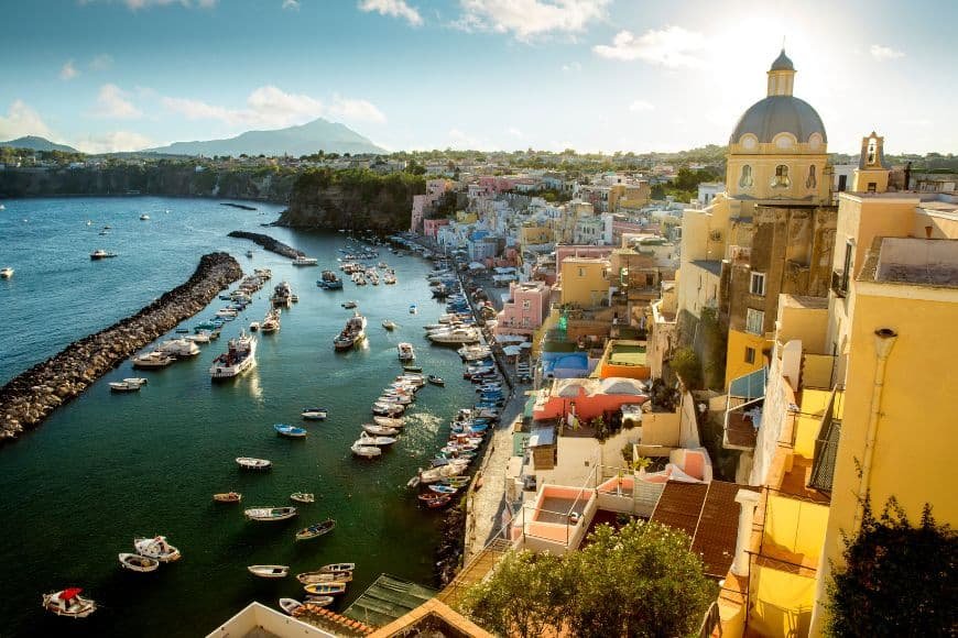 Day Trips From Naples, Colorful houses of Marina Corricella harbor on Procida island