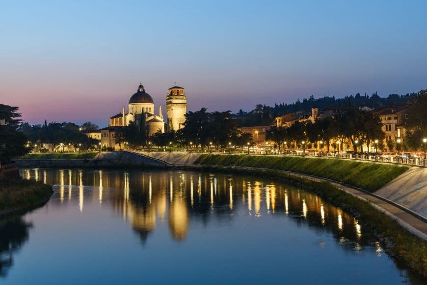 Things to do in Verona, Evening view from Ponte Pietra with river reflections