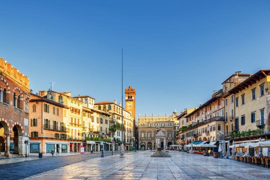 Things to do in Verona, Piazza delle Erbe square with frescoed buildings
