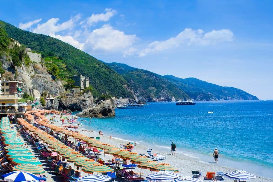 2 Days in Cinque Terre, Monterosso al Mare beach with colorful umbrellas and Ligurian Sea