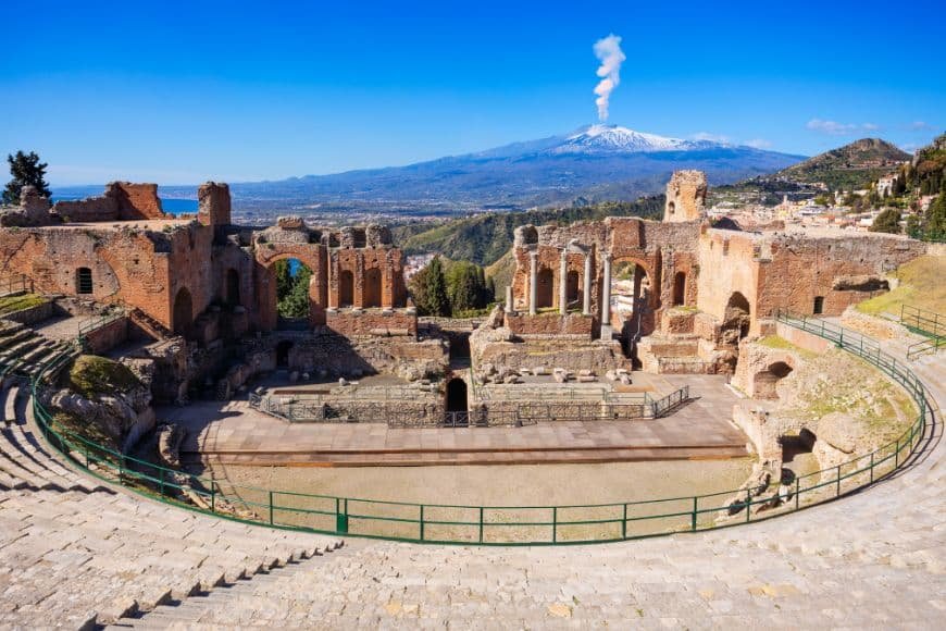 Southern Italy Travel Guide, Taormina Ancient Theatre and Mount Etna Volcano, Sicily