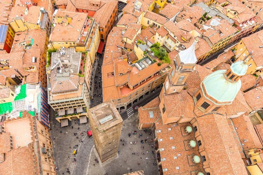 One Day in Bologna, View from the top of Asinelli Tower overlooking Bologna rooftops