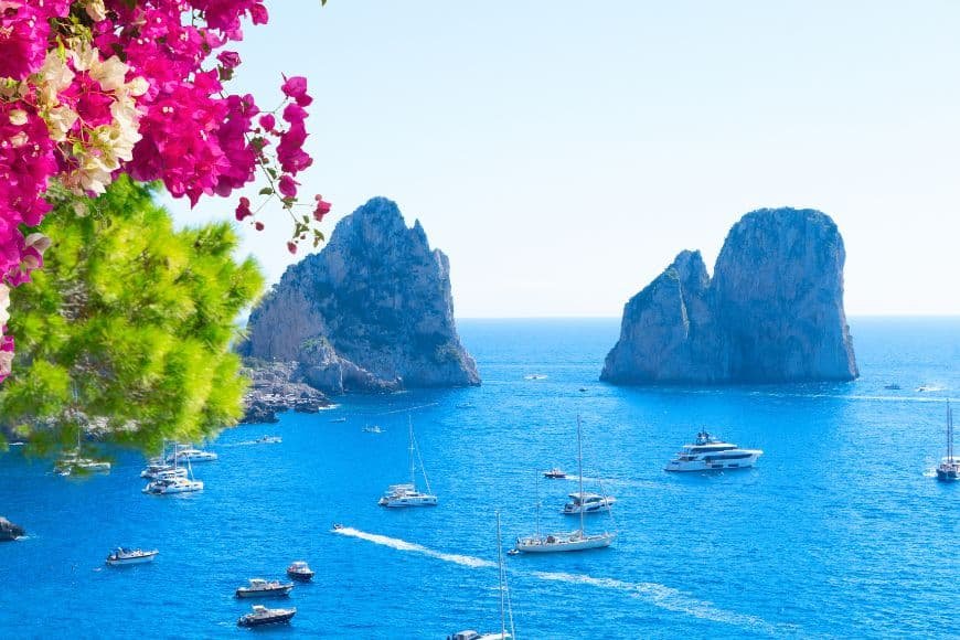 Positano vs Amalfi, Capri Island Faraglioni Rocks And Blue Sea View