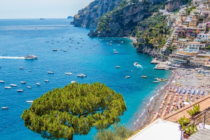 Positano vs Amalfi,Positano Beach Spiaggia Grande With Boats And Coastline