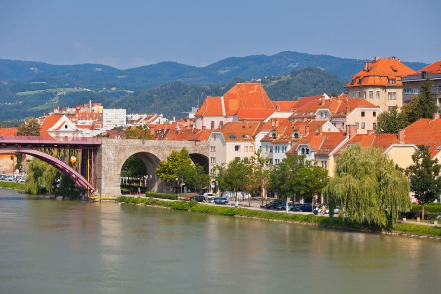 Slovenia Travel Guide, Historic buildings and riverside promenade in Maribor, Slovenia