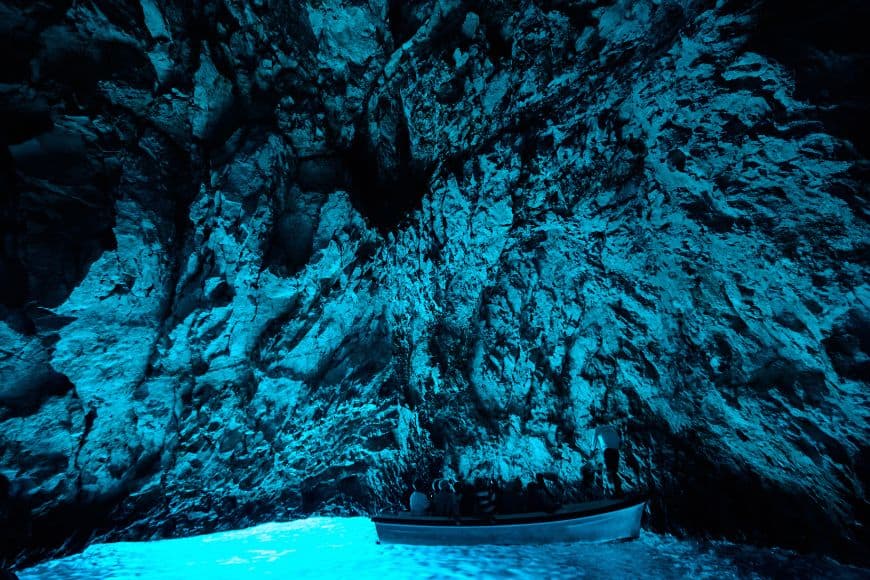 Glowing blue water inside the Blue Cave on Biševo Island, Croatia, Day Trips From Split